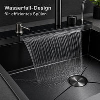 Garvee Küchenspüle Einbauspüle aus Edelstahl (80 × 45 × 23 cm), tiefes Einzelbecken in Schwarz mit Wasserfallfunktion, Armatur, R-Auslaufdesign & Montageset für Küche und Bar