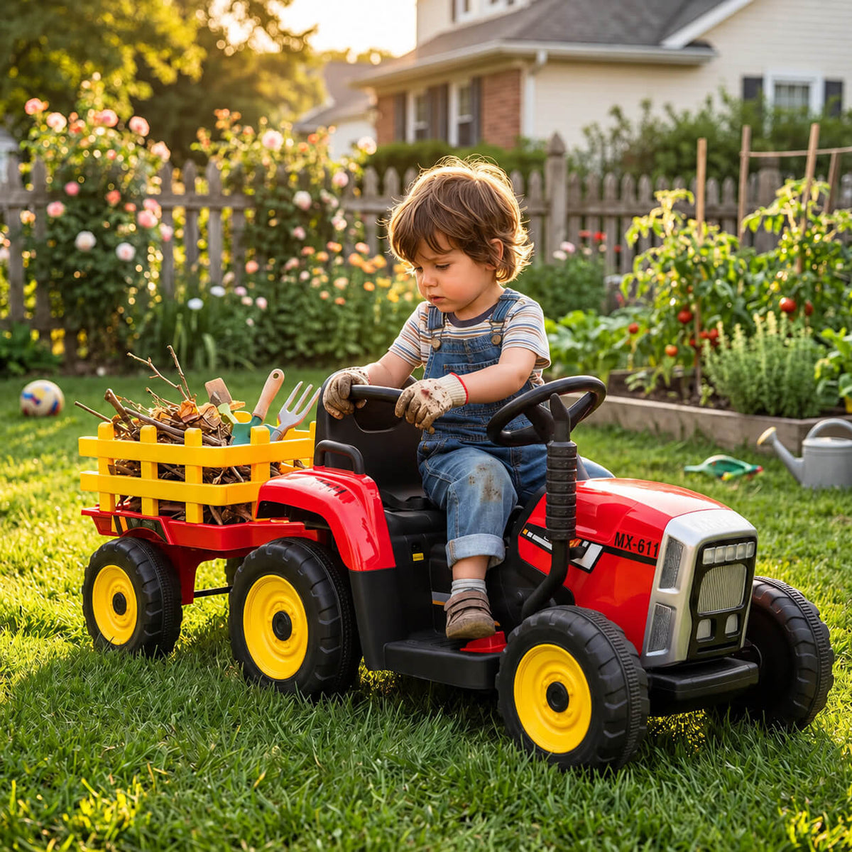 GARVEE 12V Kindertraktor mit Anhänger und Fernbedienung, 7 LED-Scheinwerfer, Musik, USB, Sicherheitsgurt, bis 30 kg, Rot, 3–6 Jahre