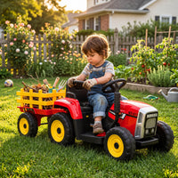 GARVEE 12V Kindertraktor mit Anhänger und Fernbedienung, 7 LED-Scheinwerfer, Musik, USB, Sicherheitsgurt, bis 30 kg, Rot, 3–6 Jahre