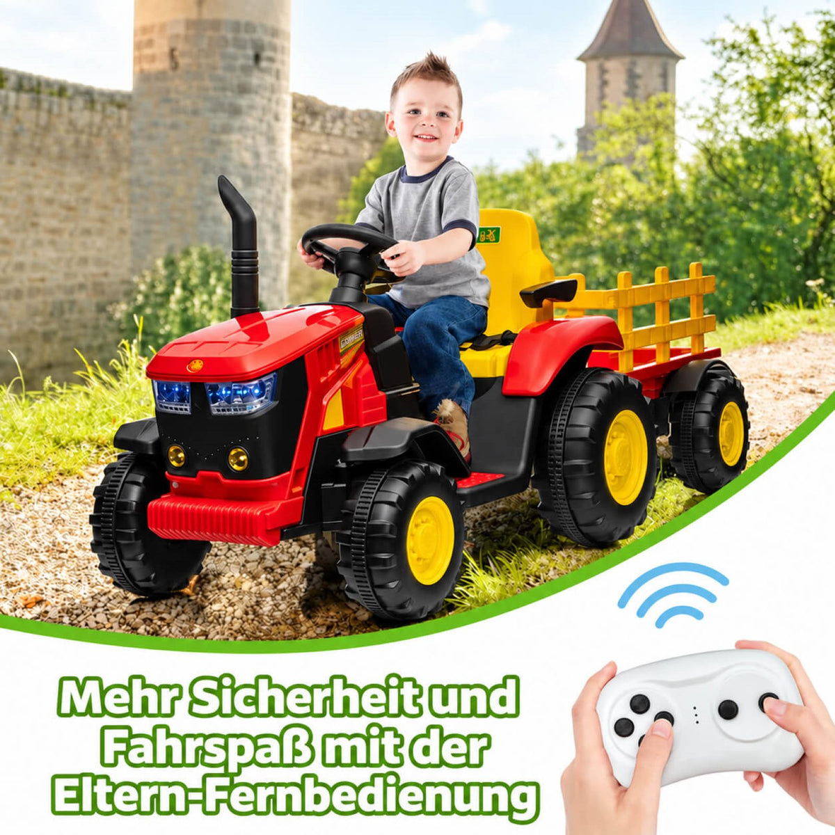 Garvee Kinder-Elektrotraktor 12 V mit abnehmbarem Anhänger, 2 × 35 W Motoren, Selbstfahrmodus und Eltern-Fernbedienung, LED-Licht und Musik, ab 3 Jahren