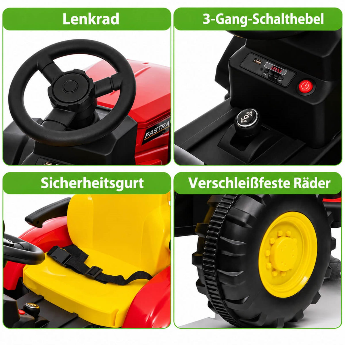 Garvee Kinder-Elektrotraktor 12 V mit abnehmbarem Anhänger, 2 × 35 W Motoren, Selbstfahrmodus und Eltern-Fernbedienung, LED-Licht und Musik, ab 3 Jahren