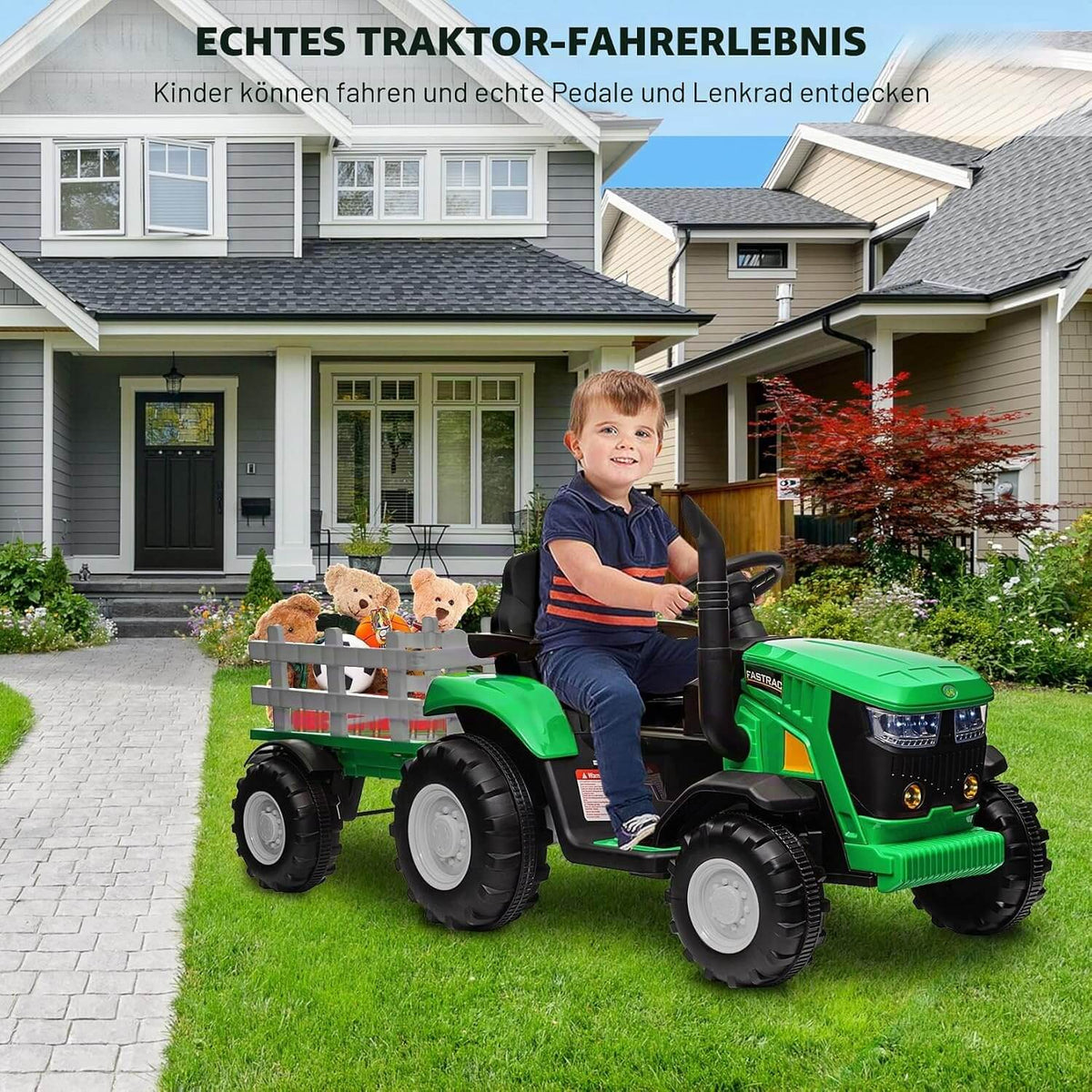 Garvee Kinder-Elektrotraktor 12 V mit abnehmbarem Anhänger, 2 × 35 W Motoren, Selbstfahrmodus und Eltern-Fernbedienung, LED-Licht und Musik, ab 3 Jahren