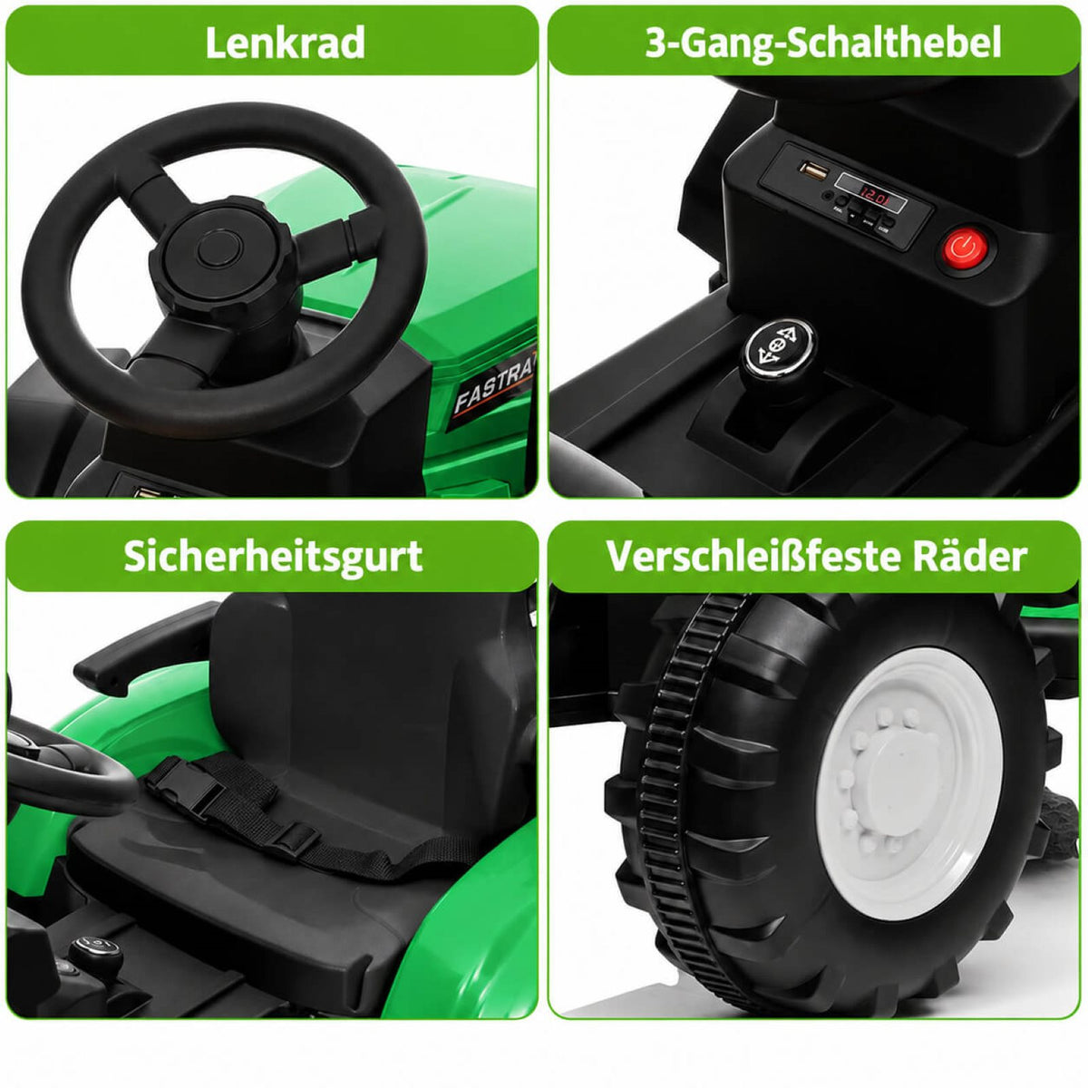 Garvee Kinder-Elektrotraktor 12 V mit abnehmbarem Anhänger, 2 × 35 W Motoren, Selbstfahrmodus und Eltern-Fernbedienung, LED-Licht und Musik, ab 3 Jahren