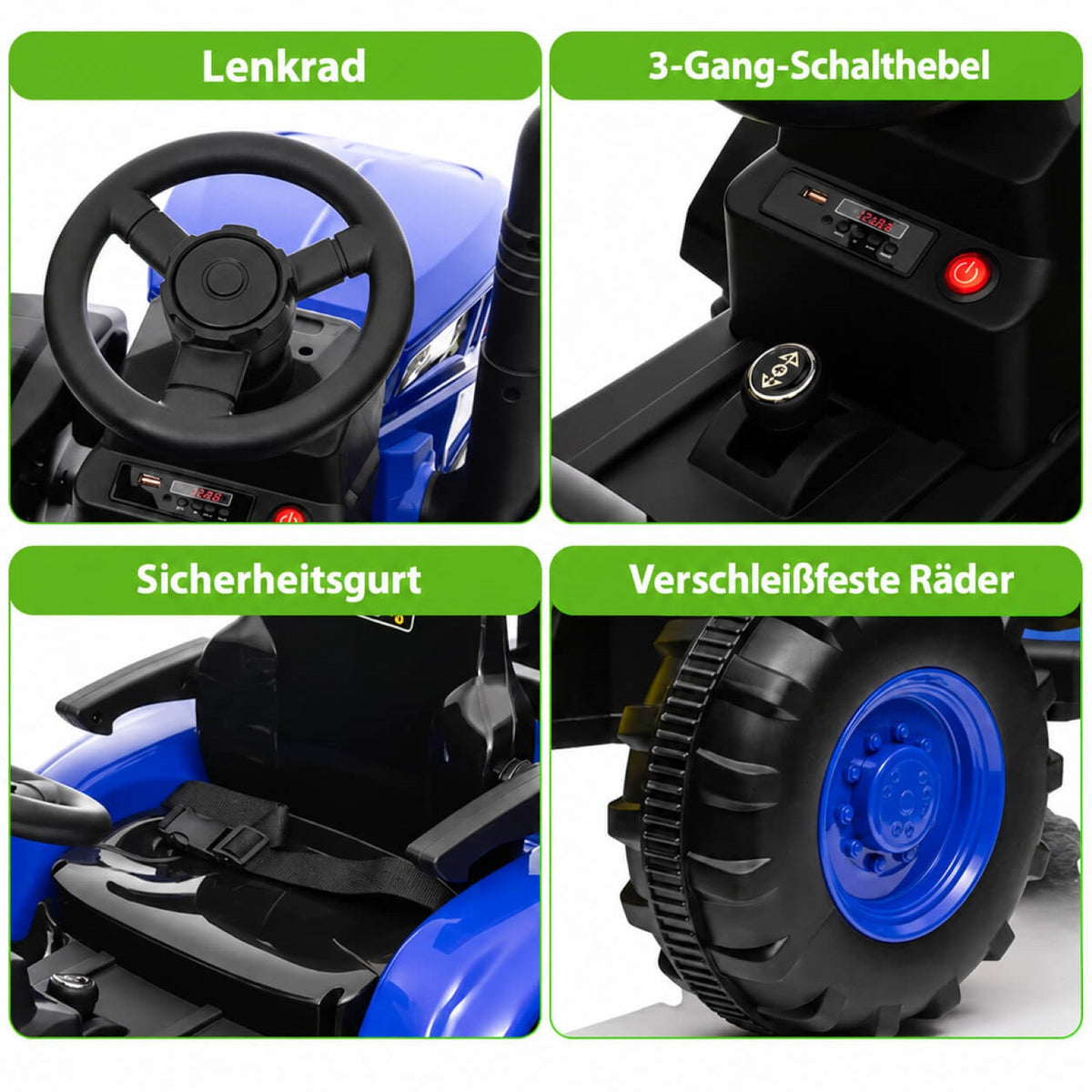 Garvee Kinder-Elektrotraktor 12 V mit abnehmbarem Anhänger, 2 × 35 W Motoren, Selbstfahrmodus und Eltern-Fernbedienung, LED-Licht und Musik, ab 3 Jahren