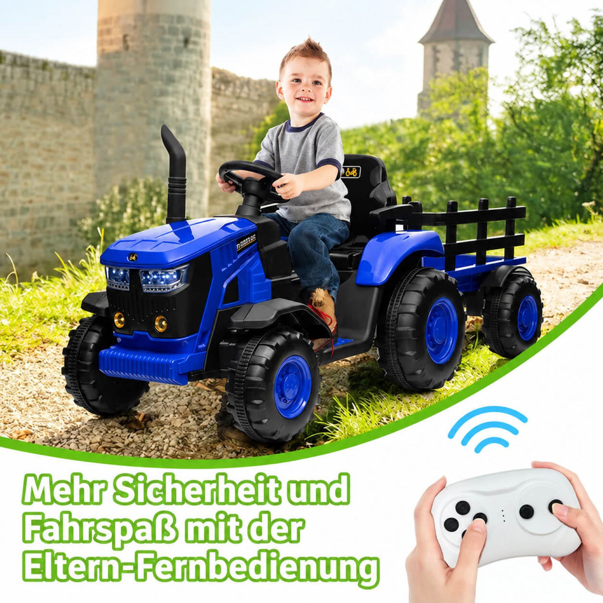 Garvee Kinder-Elektrotraktor 12 V mit abnehmbarem Anhänger, 2 × 35 W Motoren, Selbstfahrmodus und Eltern-Fernbedienung, LED-Licht und Musik, ab 3 Jahren