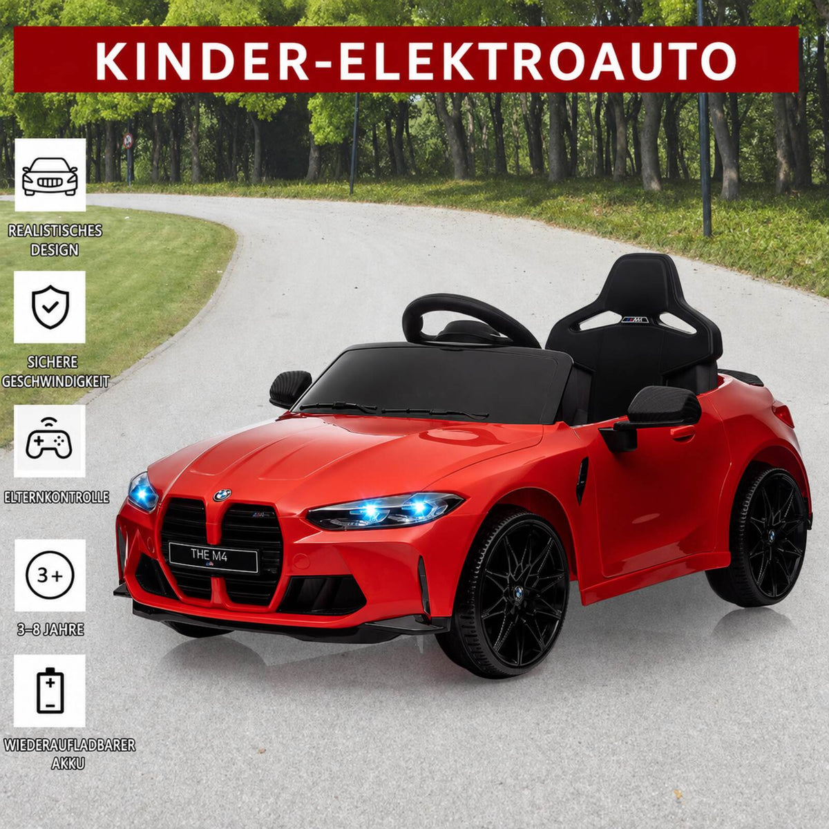 Garvee 12V Kinder Elektroauto Sportwagen BMW M4, elektrisches Kinderauto aus PP-Kunststoff mit Fernbedienung und Sicherheitsgurt, für Kinder von 3 bis 8 Jahren, Rot
