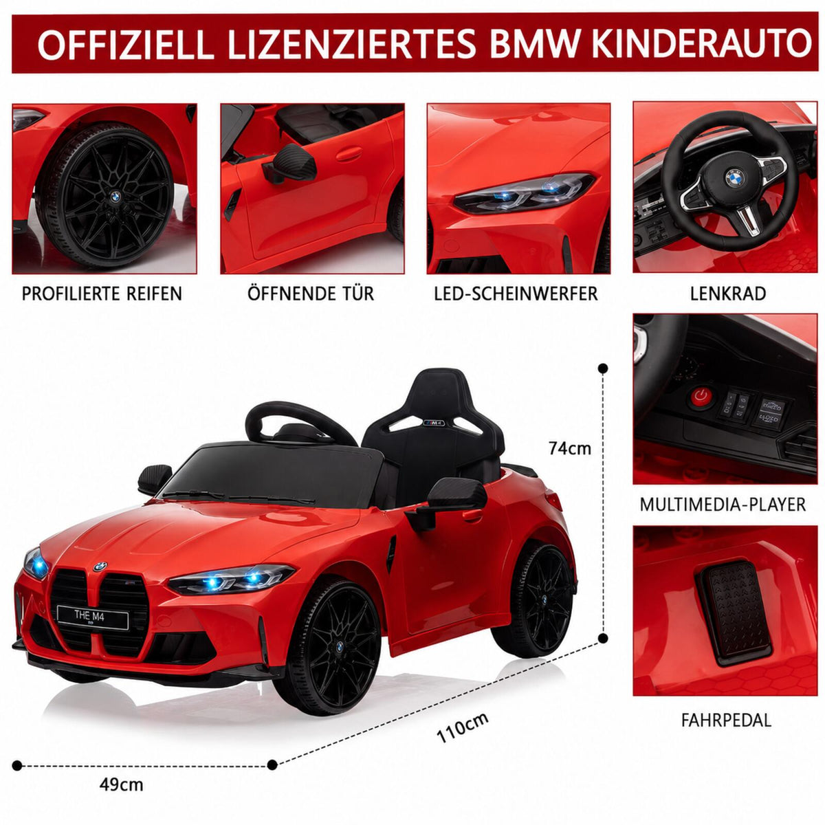 Garvee 12V Kinder Elektroauto Sportwagen BMW M4, elektrisches Kinderauto aus PP-Kunststoff mit Fernbedienung und Sicherheitsgurt, für Kinder von 3 bis 8 Jahren, Rot
