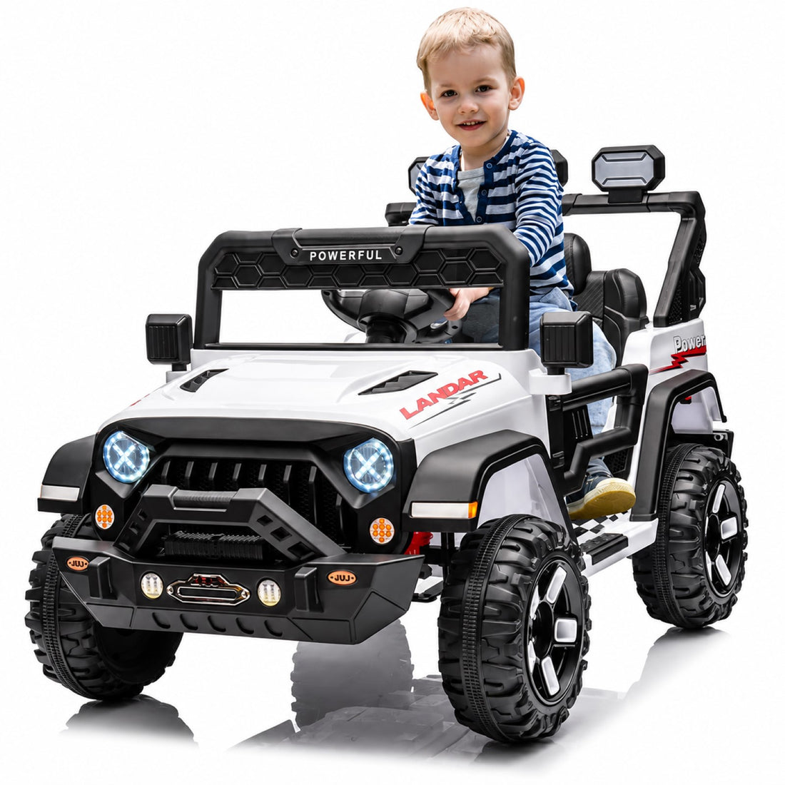 Garvee Kinder Elektroauto 12V 7Ah mit Doppelantrieb, 3 Geschwindigkeitsstufen, 2,4-GHz-Fernbedienung, LED-Lichtern, Bluetooth, Sicherheitsgurt, für Kinder 3–8 Jahre, Weiß
