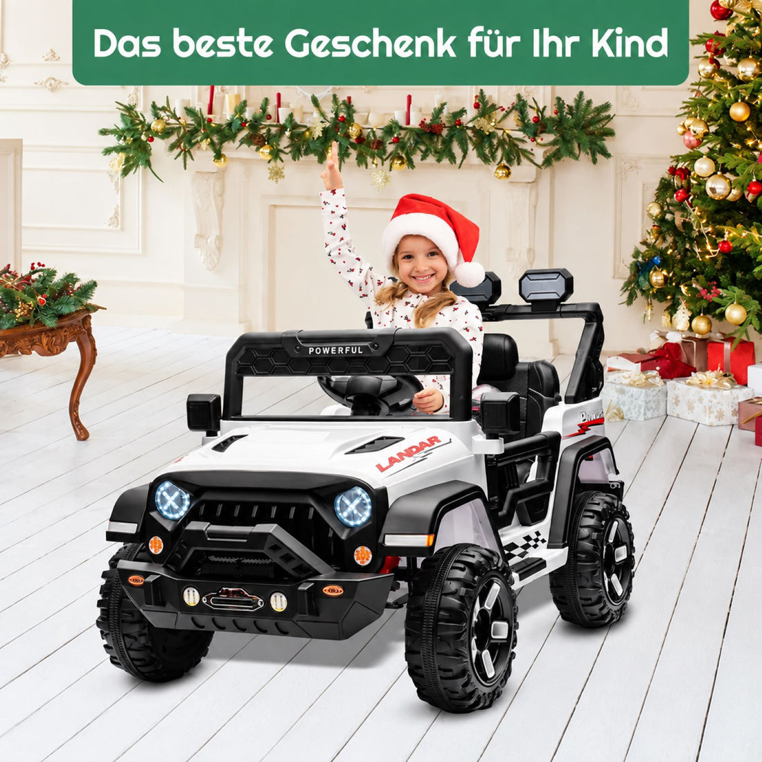 Garvee Kinder Elektroauto 12V 7Ah mit Doppelantrieb, 3 Geschwindigkeitsstufen, 2,4-GHz-Fernbedienung, LED-Lichtern, Bluetooth, Sicherheitsgurt, für Kinder 3–8 Jahre, Weiß