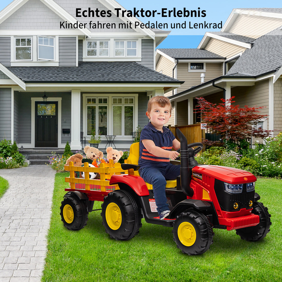 Garvee Kinder-Elektrotraktor 12 V mit abnehmbarem Anhänger, 2 × 35 W Motoren, Selbstfahrmodus und Eltern-Fernbedienung, LED-Licht und Musik, ab 3 Jahren