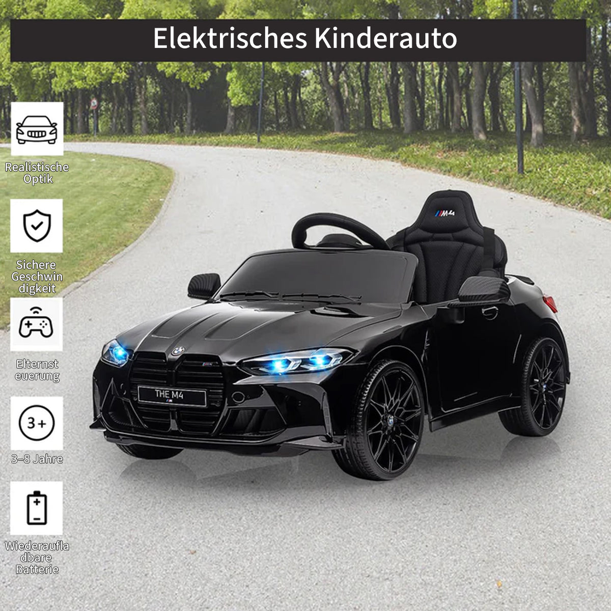 Garvee BMW M4 Kinder Elektroauto 12V, lizenzierter Elektro-Sportwagen mit Fernbedienung, Sicherheitsgurt, LED, USB/SD/Bluetooth, für Kinder 3–8 Jahre, Schwarz