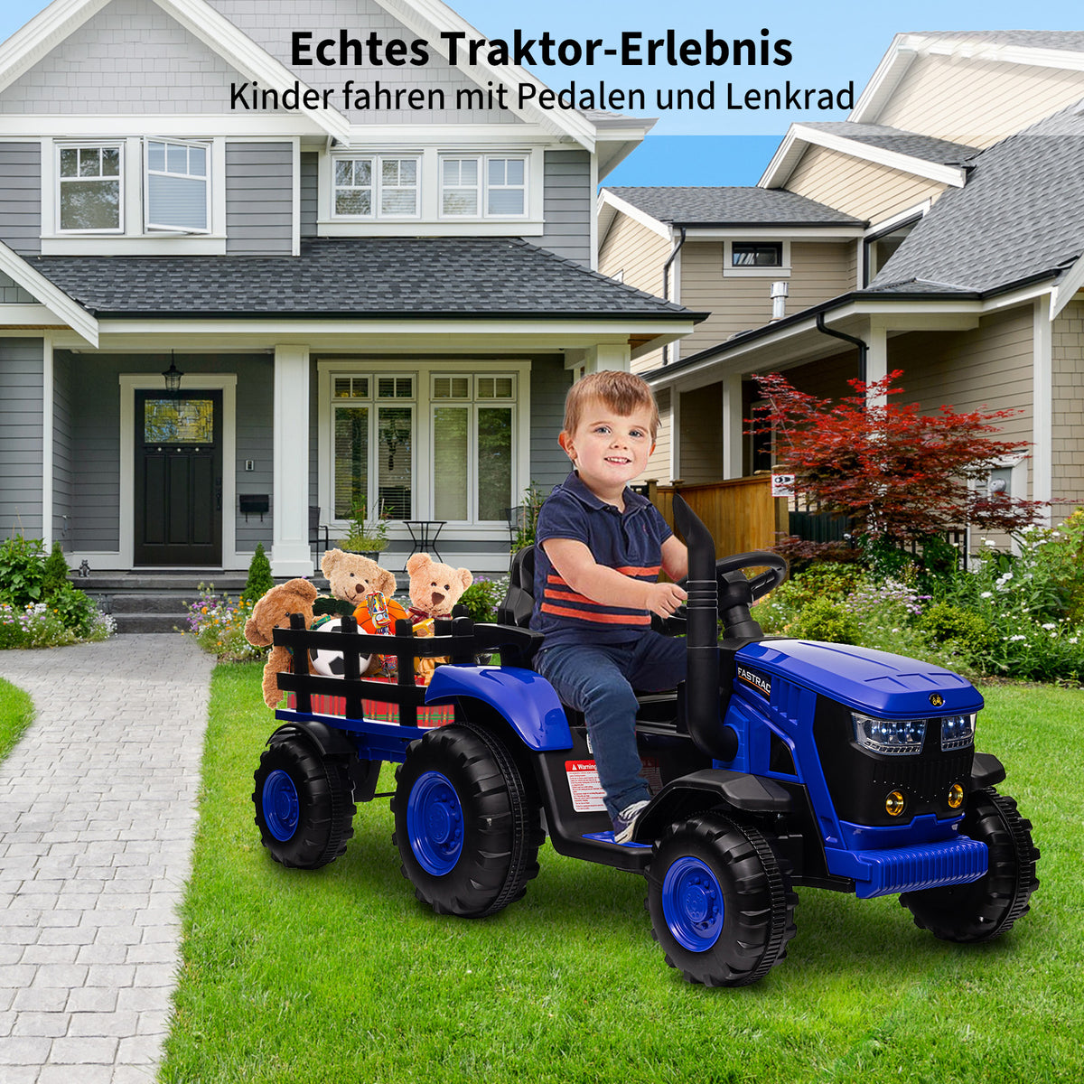Garvee Kinder-Elektrotraktor 12 V mit abnehmbarem Anhänger, 2 × 35 W Motoren, Selbstfahrmodus und Eltern-Fernbedienung, LED-Licht und Musik, ab 3 Jahren
