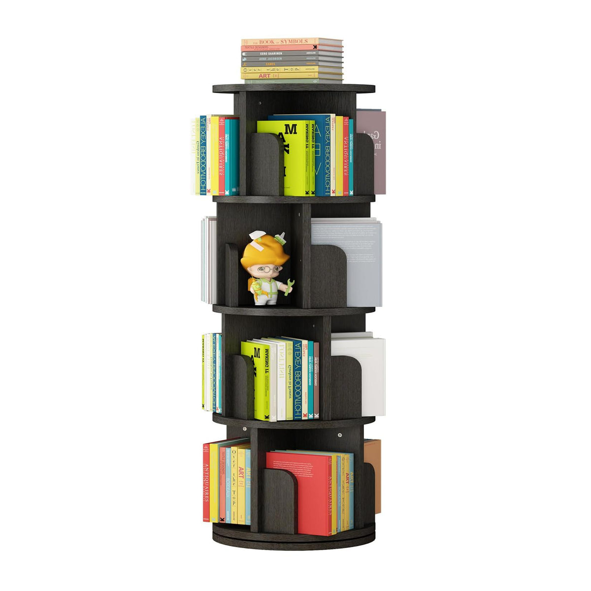 GARVEE Drehbares Bücherregal 360°, 4 Ebenen, 40 × 40 × 130 cm, Holz & Metall, Schwarz – für Wohnzimmer & Büro