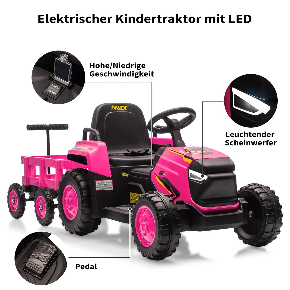 Garvee Kinder-Elektrotraktor 12 V mit Doppelmotor, 2 Geschwindigkeiten, LED-Licht, Hupe und Traktorengeräuschen, Aufsitzfahrzeug für Garten und Hof, ab 3 Jahren