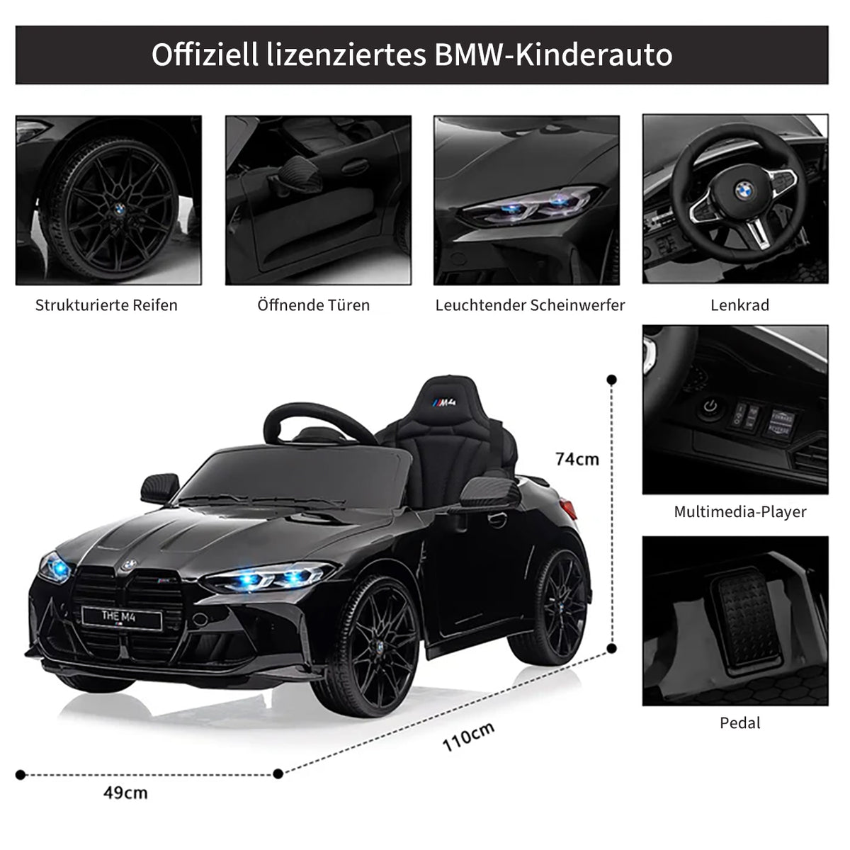 Garvee BMW M4 Kinder Elektroauto 12V, lizenzierter Elektro-Sportwagen mit Fernbedienung, Sicherheitsgurt, LED, USB/SD/Bluetooth, für Kinder 3–8 Jahre, Schwarz