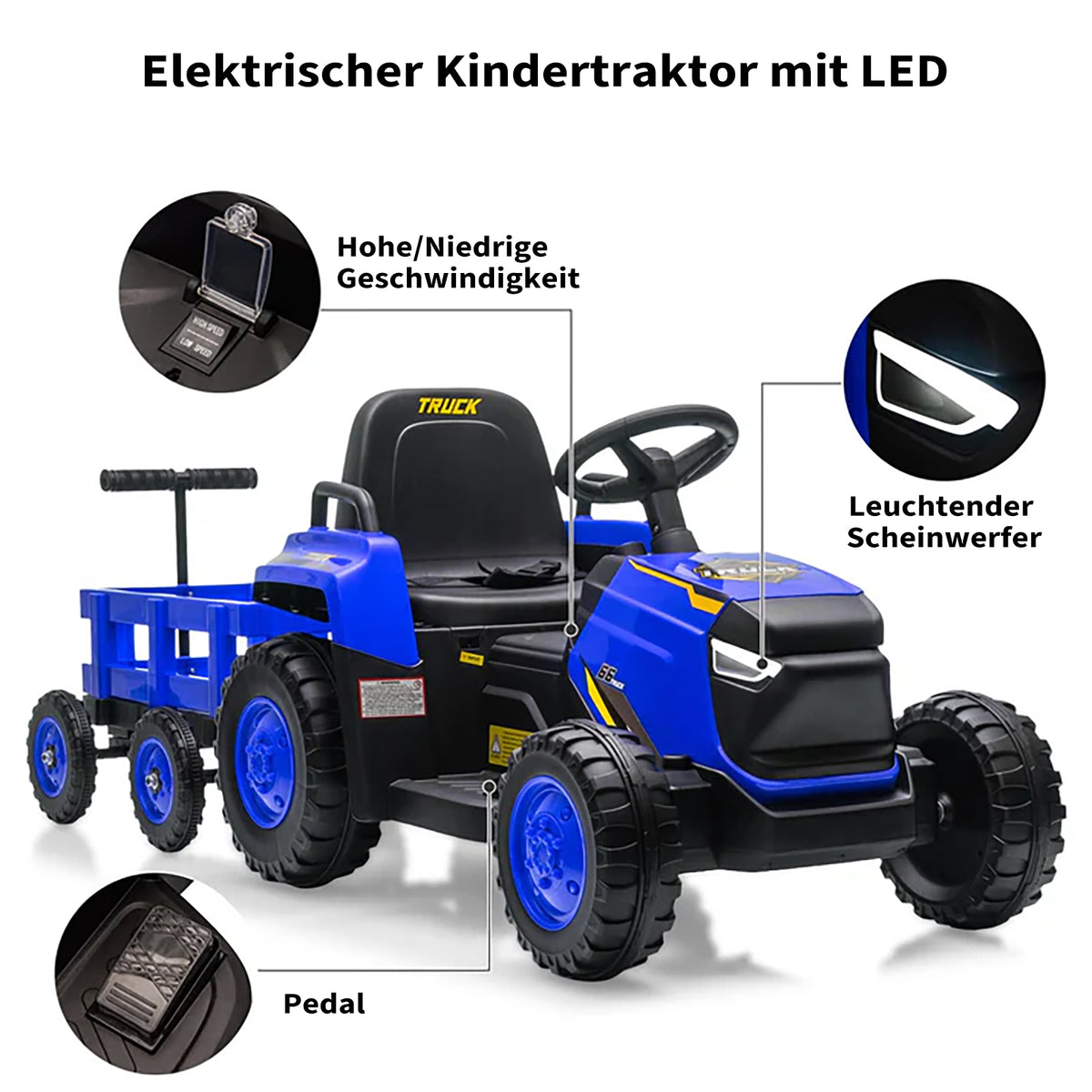 Garvee Kinder Elektrotraktor 12V, Doppelmotor, abnehmbarer Anhänger, Selbstfahrmodus und Eltern-Fernbedienung, LED-Licht und Musik, ab 3 Jahren