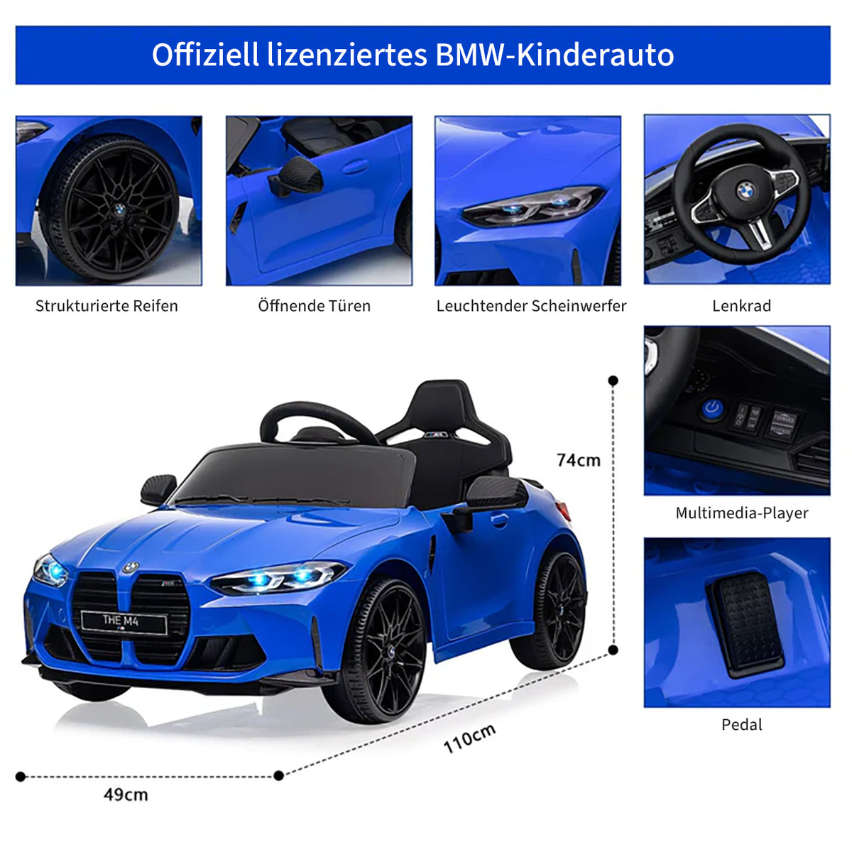 Garvee BMW M4 Kinder Elektroauto 12V, lizenzierter Elektro-Sportwagen mit Fernbedienung, Sicherheitsgurt, LED, USB/SD/Bluetooth, für Kinder 3–8 Jahre, Blau
