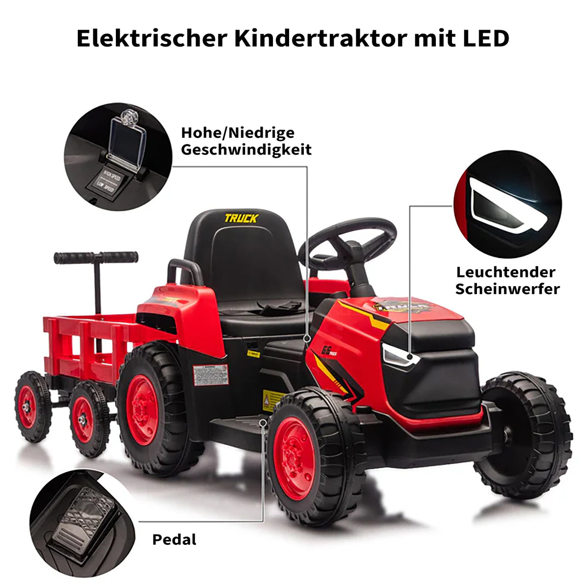 Garvee Kinder Elektrotraktor 12V, Doppelmotor, abnehmbarer Anhänger, Selbstfahrmodus und Eltern-Fernbedienung, LED-Licht und Musik, ab 3 Jahren