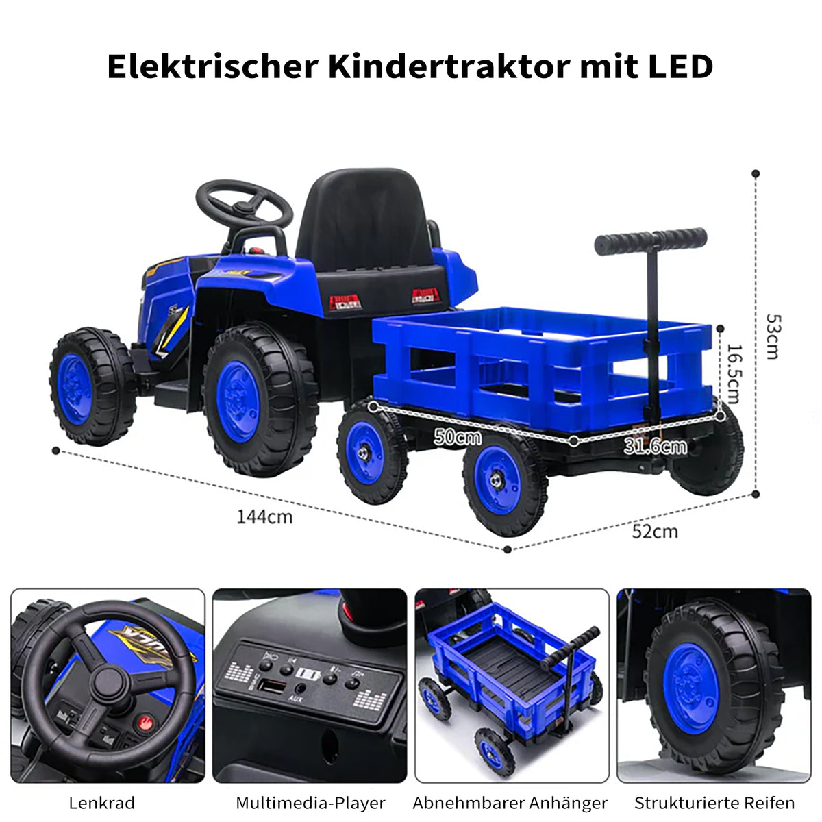 Garvee Kinder Elektrotraktor 12V, Doppelmotor, abnehmbarer Anhänger, Selbstfahrmodus und Eltern-Fernbedienung, LED-Licht und Musik, ab 3 Jahren