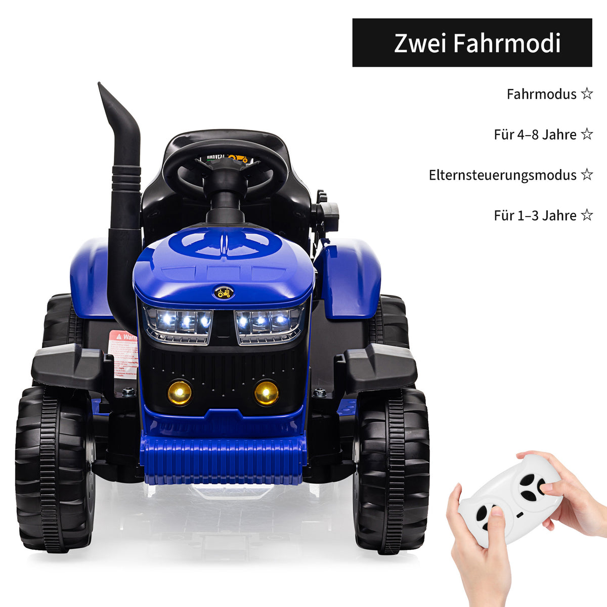 Garvee Kinder-Elektrotraktor 12 V mit abnehmbarem Anhänger, 2 × 35 W Motoren, Selbstfahrmodus und Eltern-Fernbedienung, LED-Licht und Musik, ab 3 Jahren