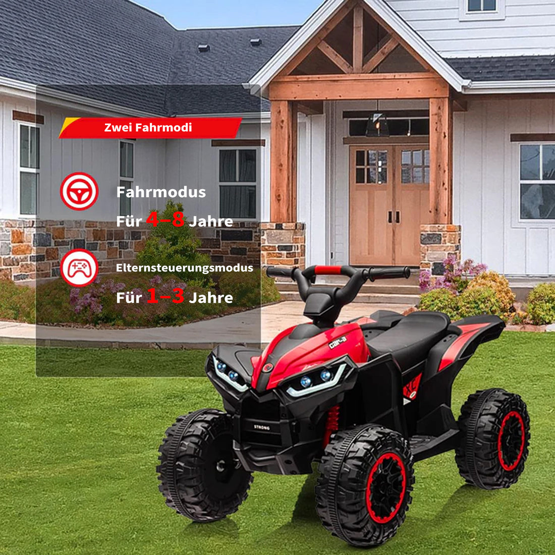 Garvee 12V Kinder-Quad, elektrisches ATV für Kinder mit Musikfunktion, Hupe und LED-Scheinwerfern, 83 × 53 × 56 cm, für Kinder von 3 bis 8 Jahren, Rot