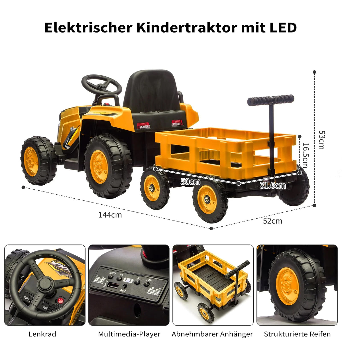 Garvee Kinder-Elektrotraktor 12 V mit Doppelmotor, 2 Geschwindigkeiten, LED-Licht, Hupe und Traktorengeräuschen, Aufsitzfahrzeug für Garten und Hof, ab 3 Jahren