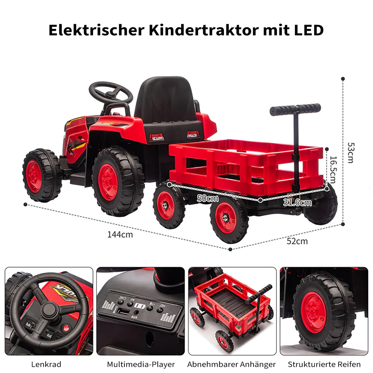 Garvee Kinder Elektrotraktor 12V, Doppelmotor, abnehmbarer Anhänger, Selbstfahrmodus und Eltern-Fernbedienung, LED-Licht und Musik, ab 3 Jahren