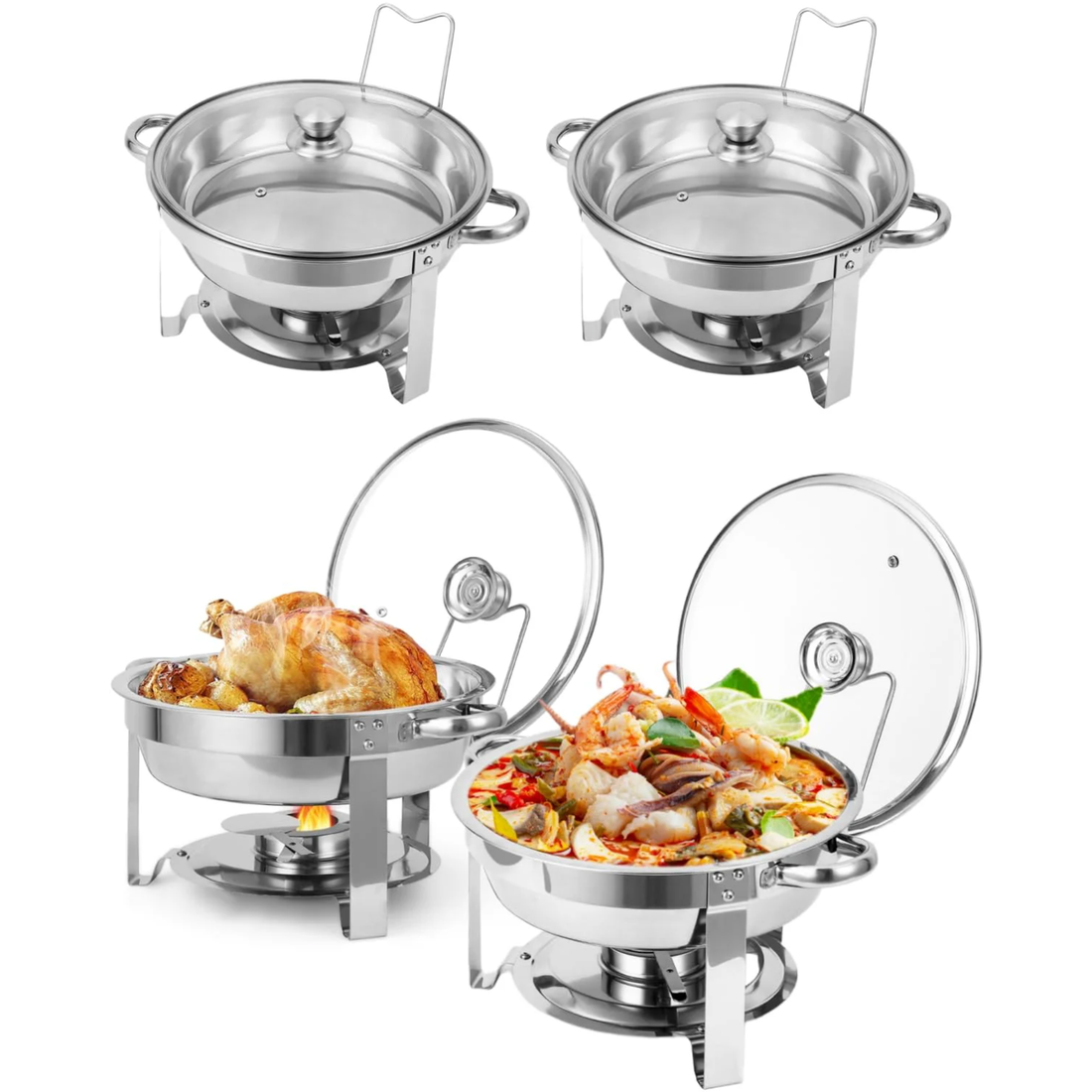 Garvee Chafing Dish 4er-Set 4,7 L aus Edelstahl, rund 42 × 41 × 28 cm mit Silberrahmen, Buffet-Speisenwärmer für Events