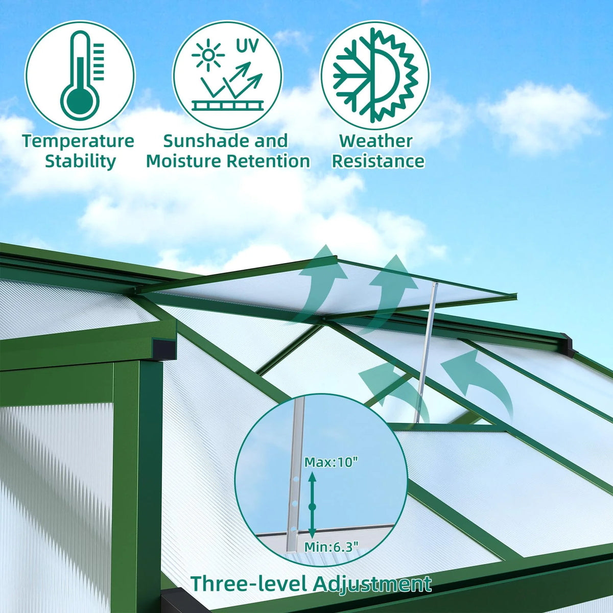 Garvee Aluminium-Gewächshaus 241 × 180 × 192 cm, Gartengewächshaus mit 720 g/m² Polycarbonatplatten, Schiebetür, Dachfenster mit Aluminiumstütze, Regenrinne & Bodenankern, Grün