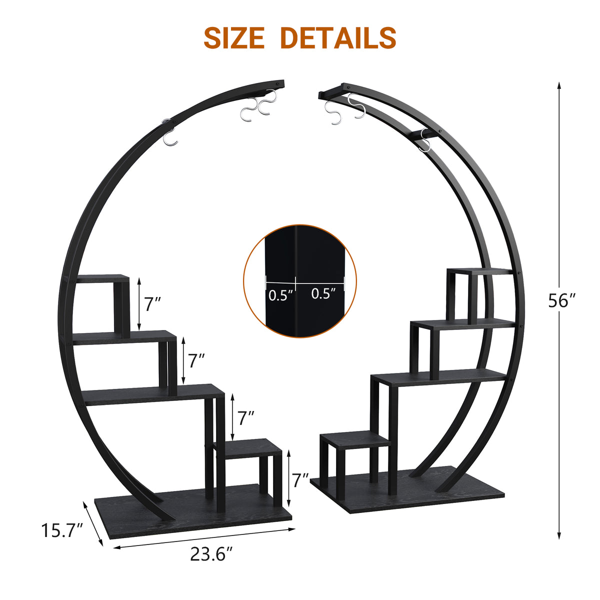 Garvee Pflanzenregal 2er Set, Halbmond Blumenständer mit 5 Ebenen je Regal, Metall Pflanzenständer mit 6 Haken, 142 × 60 × 40 cm, für Wohnzimmer und Balkon