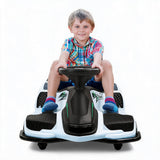 Garvee Kinder Elektro-Drift-Gokart 24V mit 180W Brushless-Motor, 2×12V 7Ah Akkus, 2 Geschwindigkeitsbereichen, 5-Rad-Metallrahmen, LED-Lichtern & Musik, bis 12 km/h/50 kg, ab 8 Jahren - Weiß