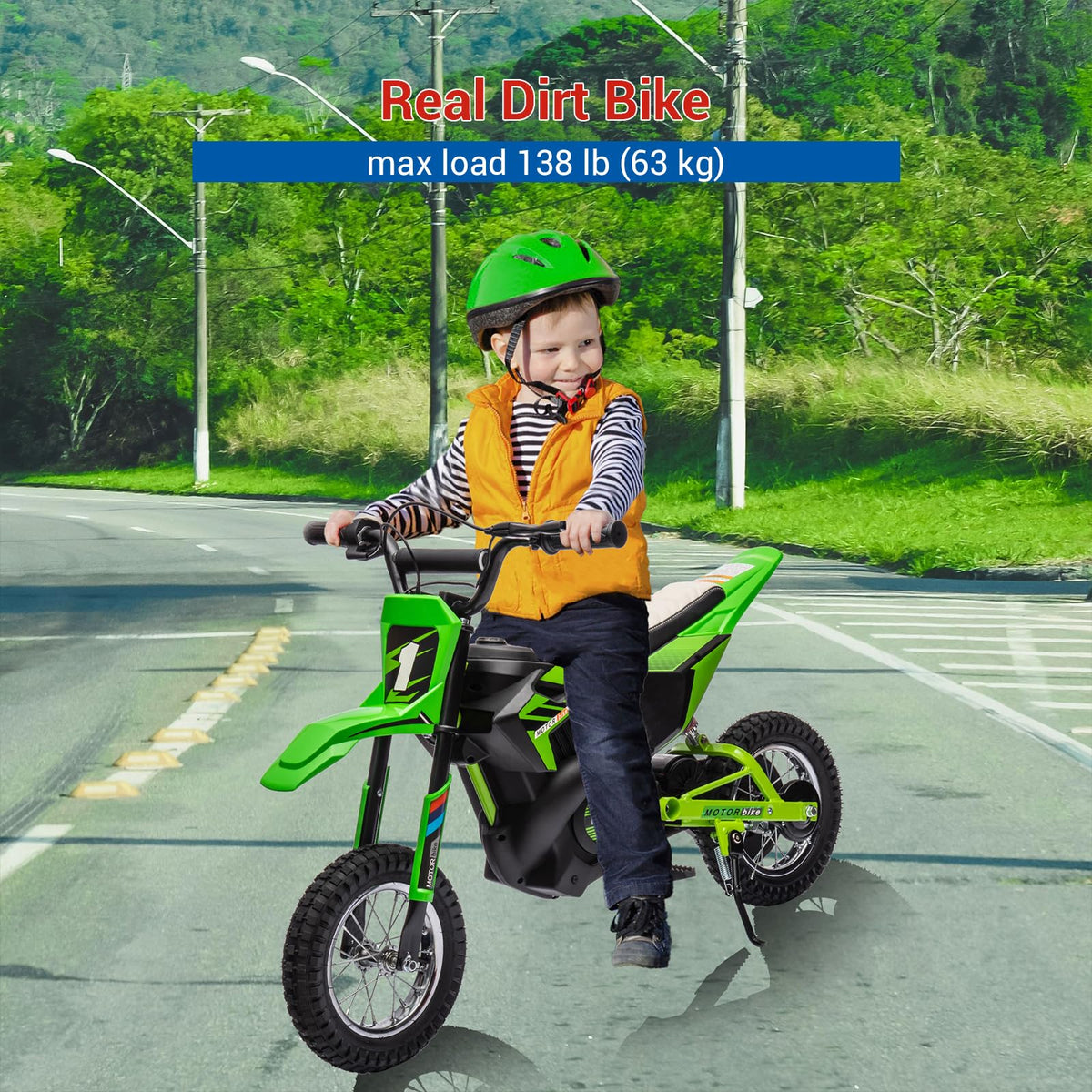 Garvee Kinder Elektro-Crossbike 24 V, 250-W-Motor, bis 22 km/h, Metallfederung, Luftreifen, Ledersitz, Grün, 6–12 Jahre