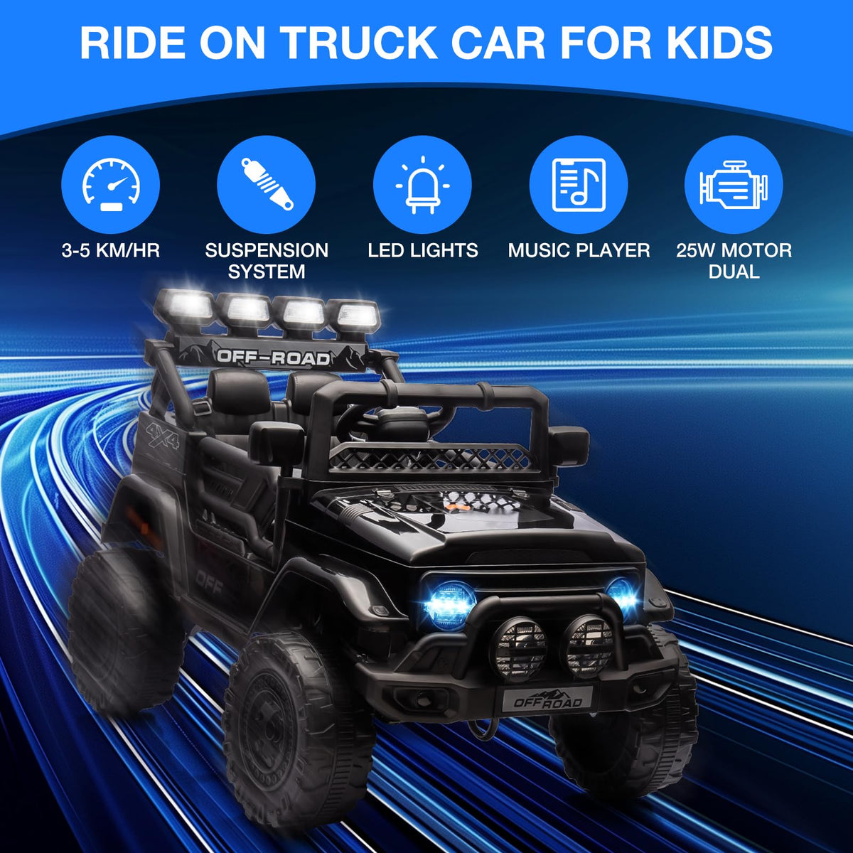 Garvee Schwarz Kinder Elektroauto Geländewagen 12V mit Fernbedienung, 2-Sitzer, 5 km/h, Musik & LED-Lichter, 3-5 Jahre