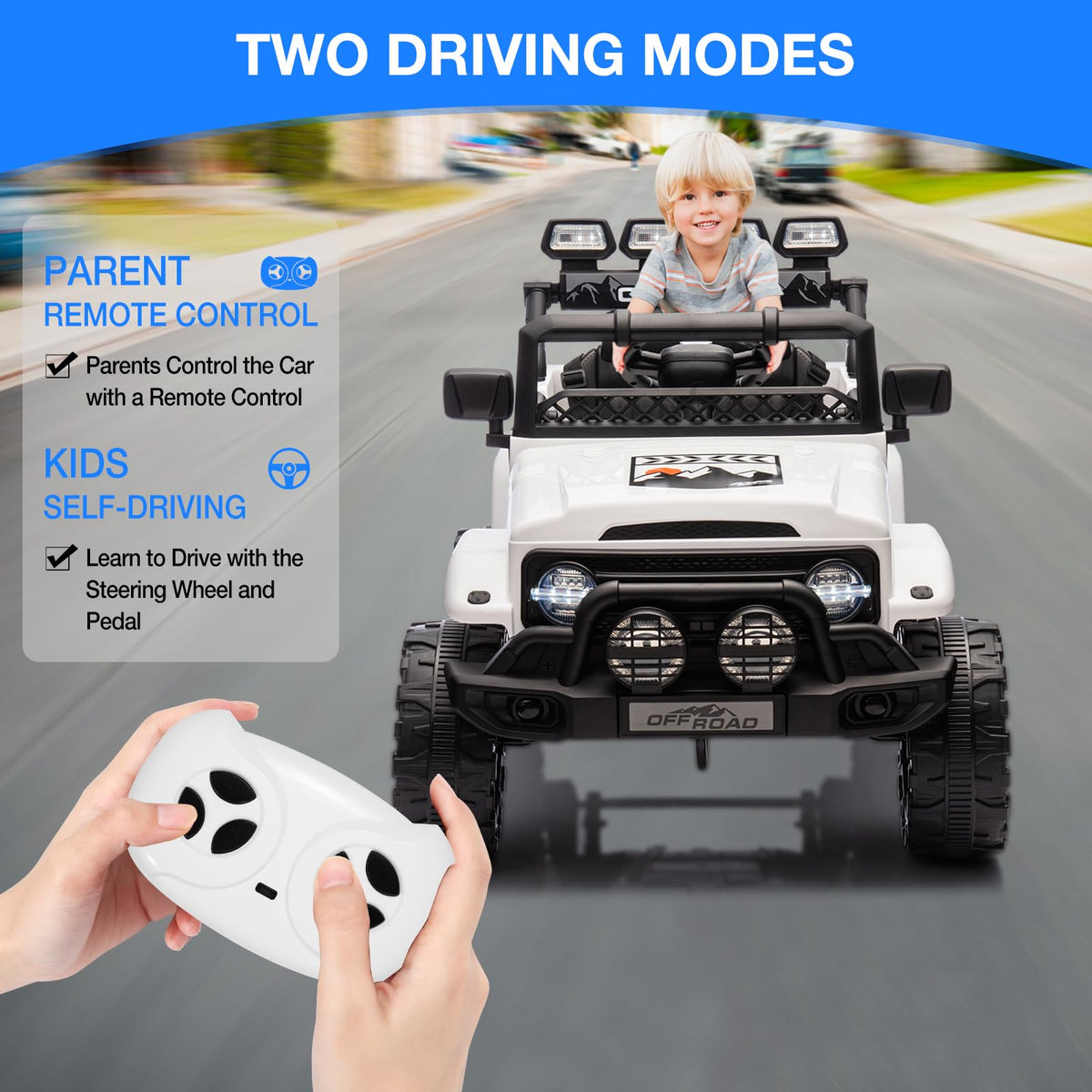 Garvee Weiß Kinder Elektroauto Geländewagen 12V mit Fernbedienung, 2-Sitzer, 5 km/h, Musik & LED-Lichter, 3-5 Jahre