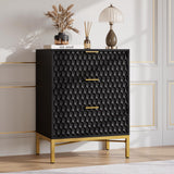 Garvee Nachttisch 3 Schubladen 3D Waben Relief Design Gold Metallgriffe Metallrahmen P2-PB Platte Schlafzimmer Wohnzimmer Kinderzimmer - Schwarz