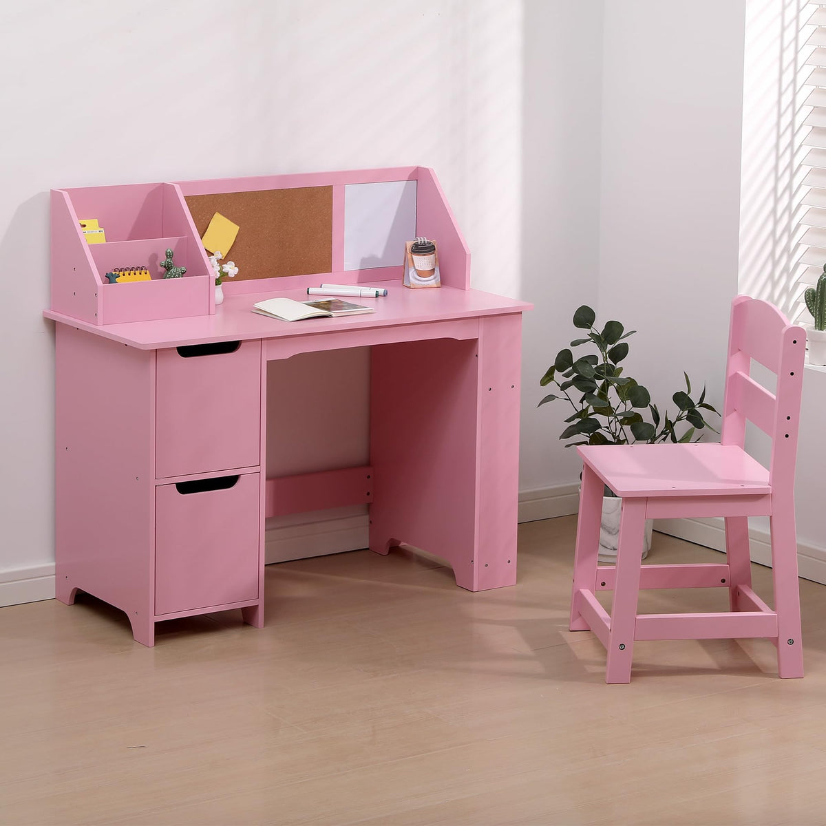 GARVEE Kinderschreibtisch mit Stuhl, Holz Schreibtisch-Set mit Stauraumfach, Ergonomisch und Stabil, Ideal zum Lernen, Lesen, Malen und Schreiben, Rosa