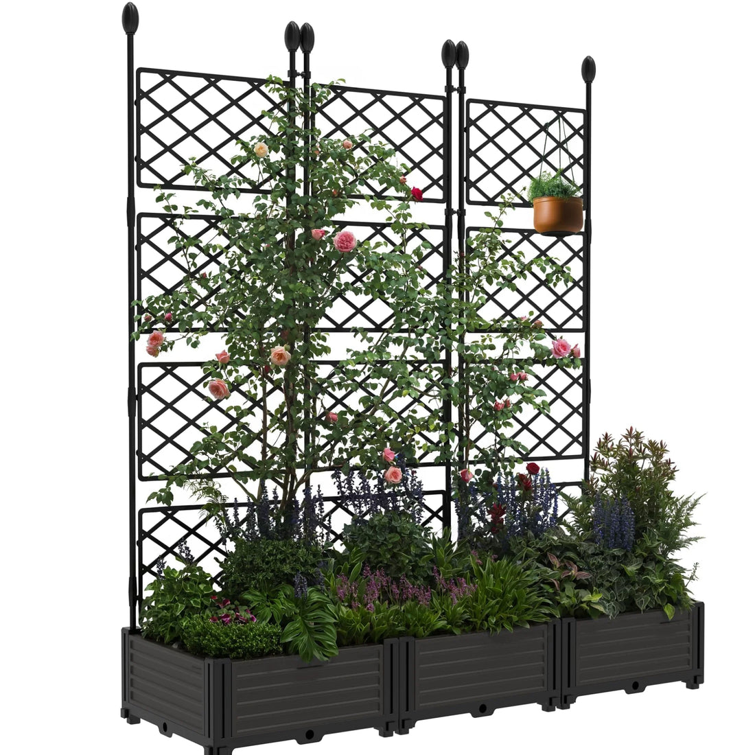 Garvee Hochbeet 3-Teilig Mit Rankgitter, Kunststoff, Windfest, Für Balkon & Garten, 127×160 cm, Schwarz