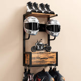 Garvee Helmhalter Wand mit Holzablage, Motorradhelm-Halterung mit Kleiderstange, Haken & Clips, Wandmontage für Helm, Jacke, Handschuhe & Zubehör