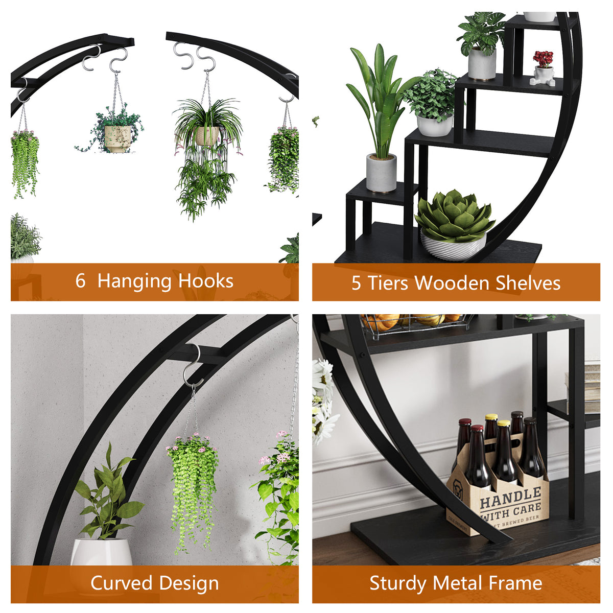 Garvee Pflanzenregal 2er Set, Halbmond Blumenständer mit 5 Ebenen je Regal, Metall Pflanzenständer mit 6 Haken, 142 × 60 × 40 cm, für Wohnzimmer und Balkon