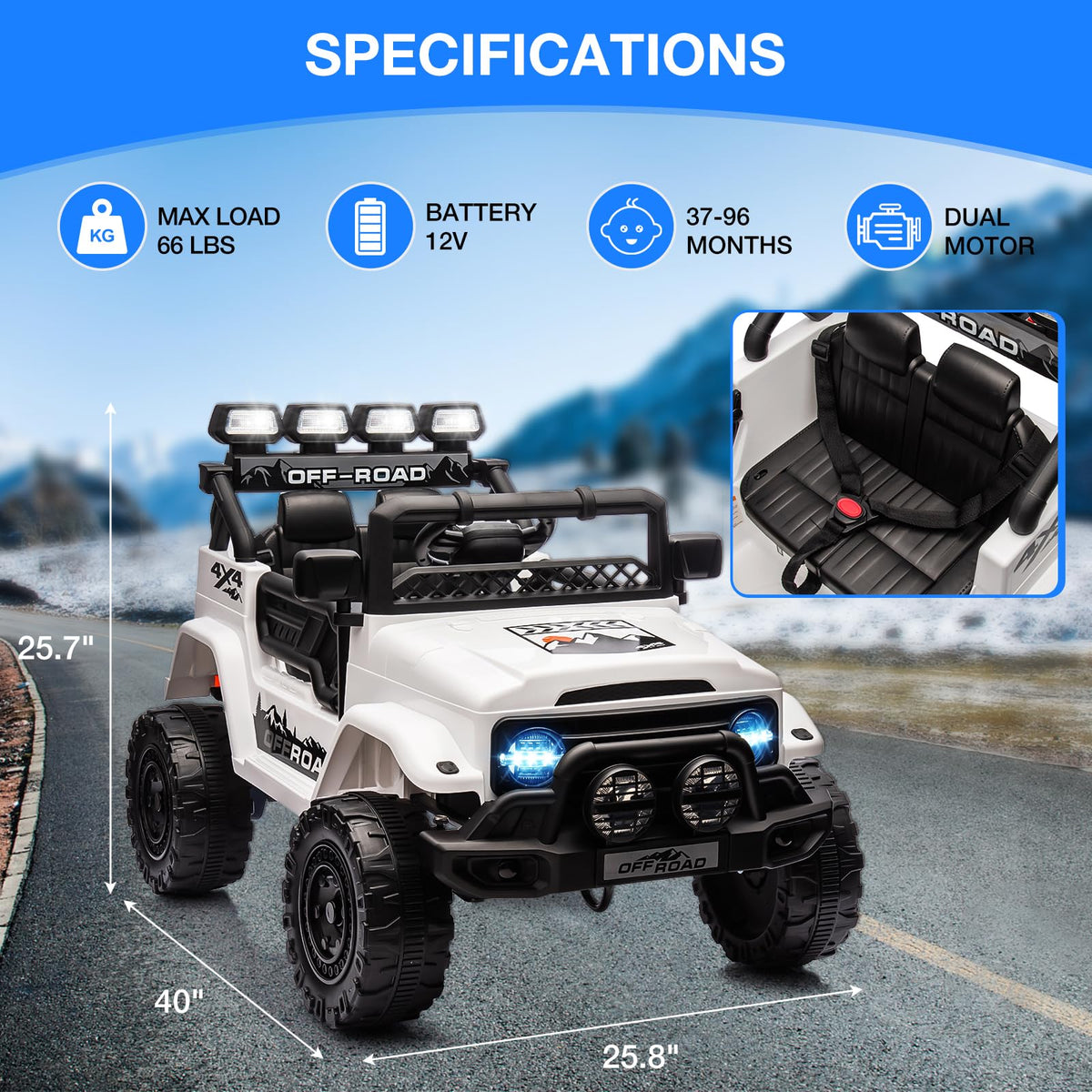 Garvee Weiß Kinder Elektroauto Geländewagen 12V mit Fernbedienung, 2-Sitzer, 5 km/h, Musik & LED-Lichter, 3-5 Jahre