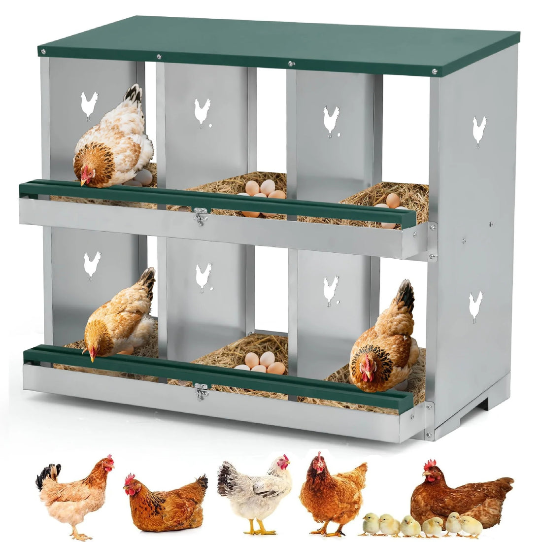 Garvee 2-stöckiges Legenest für Hühner, 6 Fächer, Hühnernistkasten aus verzinktem Stahl mit Eierauffangschale & Lüftungslöchern, für Hennen & Geflügel