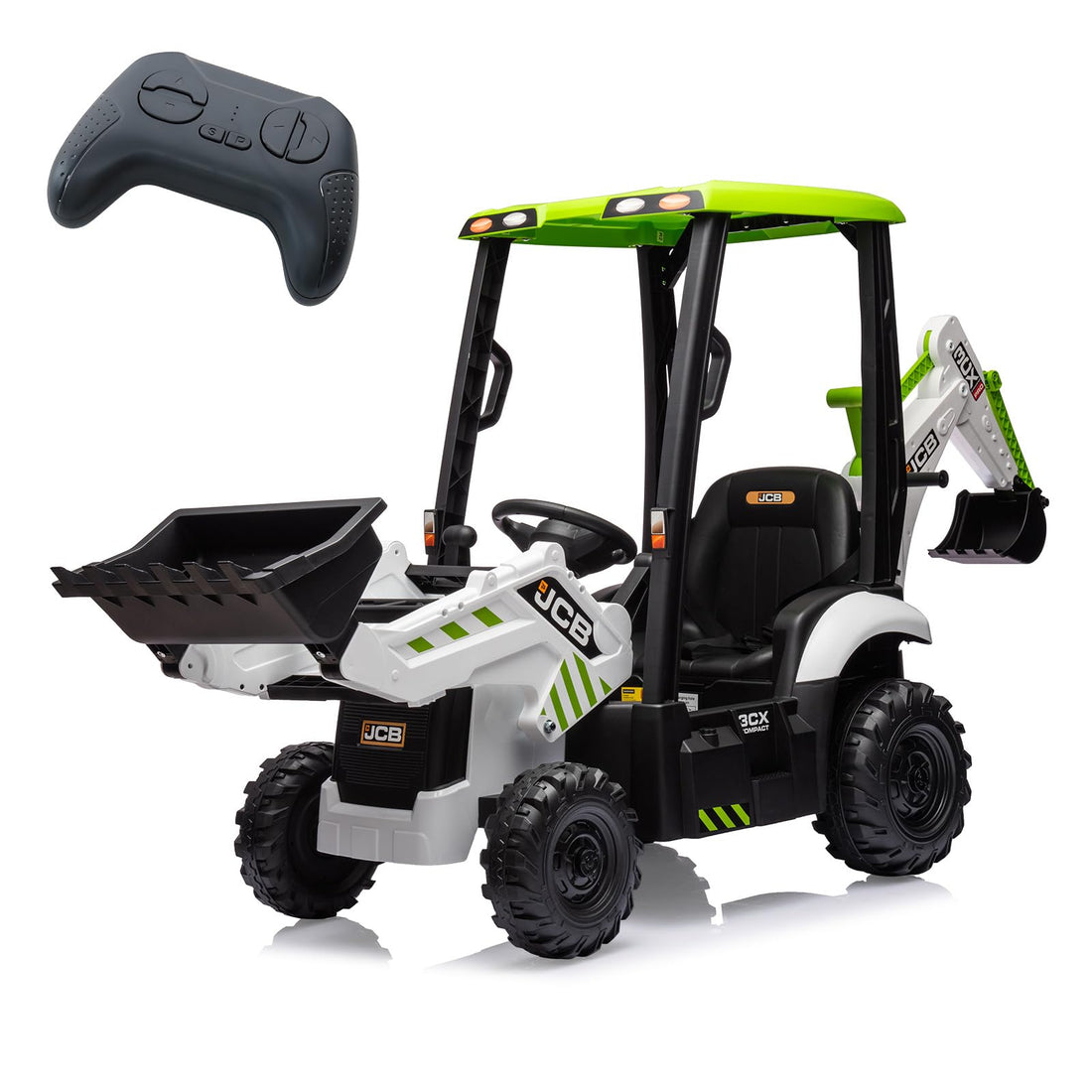 Garvee JCB Kinder Elektro-Bagger 12V 7Ah, 4-in-1 Baufahrzeug mit Fernbedienung, 2×25W Motoren, EVA-Rädern & Sonnendach, für Kinder 3–8 Jahre