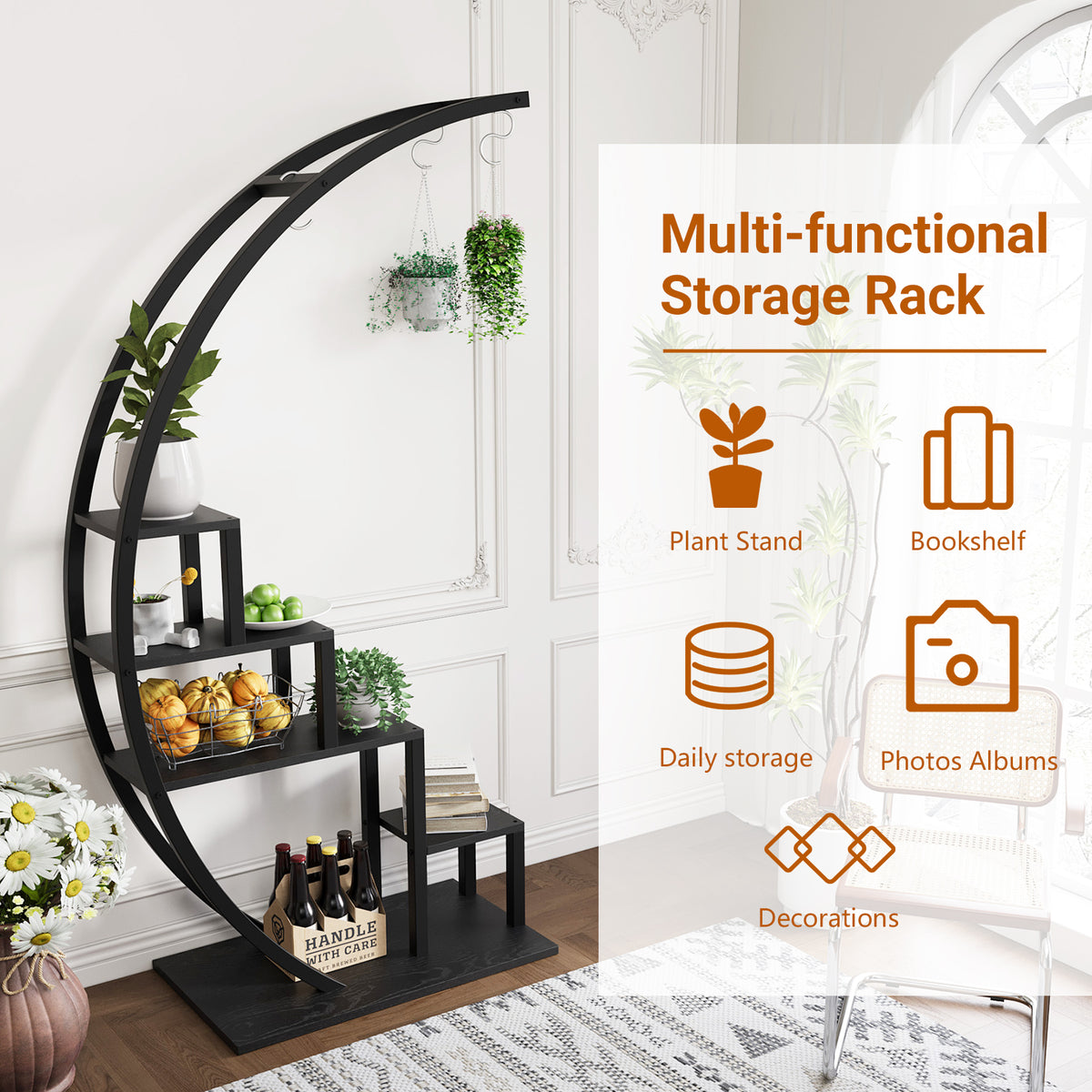 Garvee Pflanzenregal 2er Set, Halbmond Blumenständer mit 5 Ebenen je Regal, Metall Pflanzenständer mit 6 Haken, 142 × 60 × 40 cm, für Wohnzimmer und Balkon