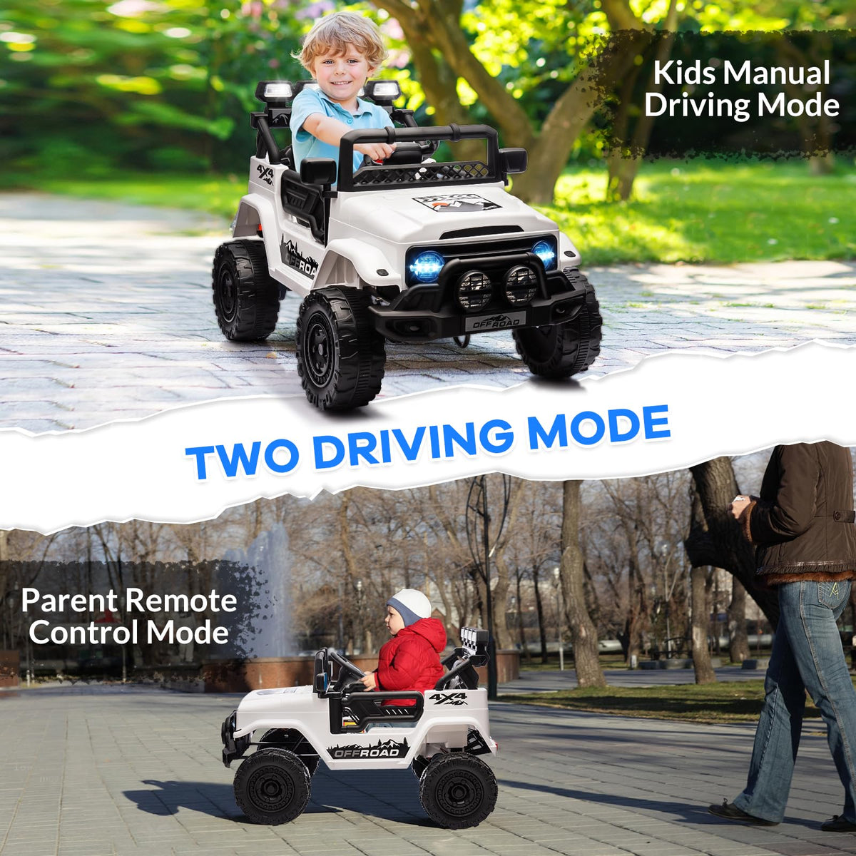 Garvee Weiß Kinder Elektroauto Geländewagen 12V mit Fernbedienung, 2-Sitzer, 5 km/h, Musik & LED-Lichter, 3-5 Jahre