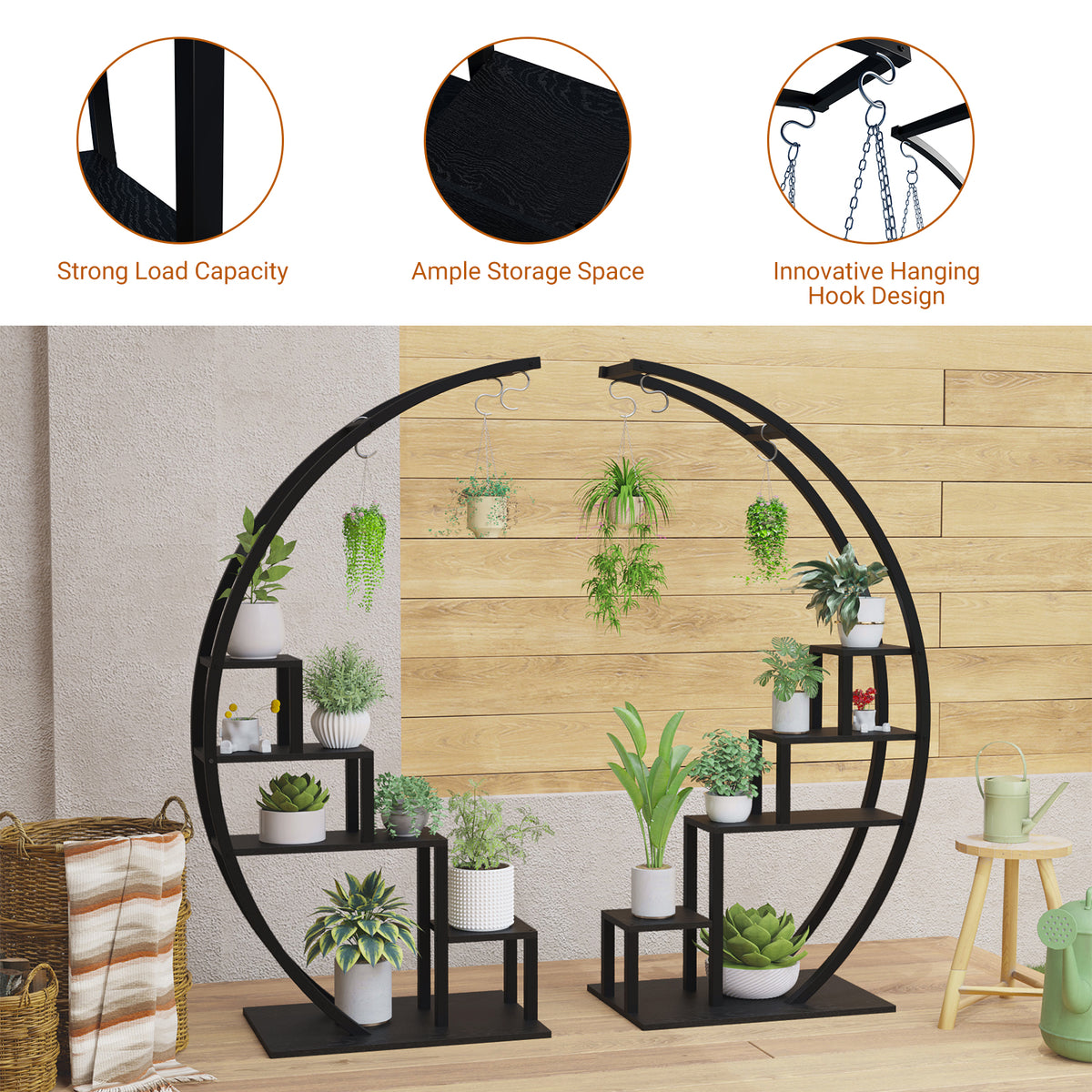 Garvee Pflanzenregal 2er Set, Halbmond Blumenständer mit 5 Ebenen je Regal, Metall Pflanzenständer mit 6 Haken, 142 × 60 × 40 cm, für Wohnzimmer und Balkon