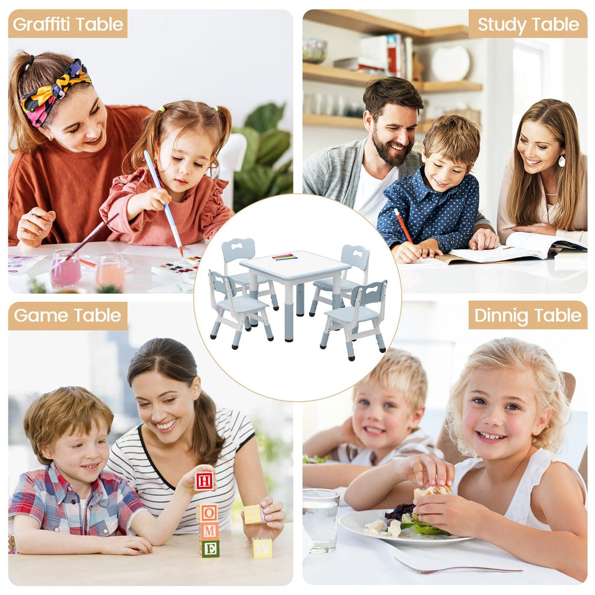 Garvee Kindertisch-Set, 1 Tisch + 4 Stühle, höhenverstellbar, mit Rückenlehne, pflegeleicht, Grau
