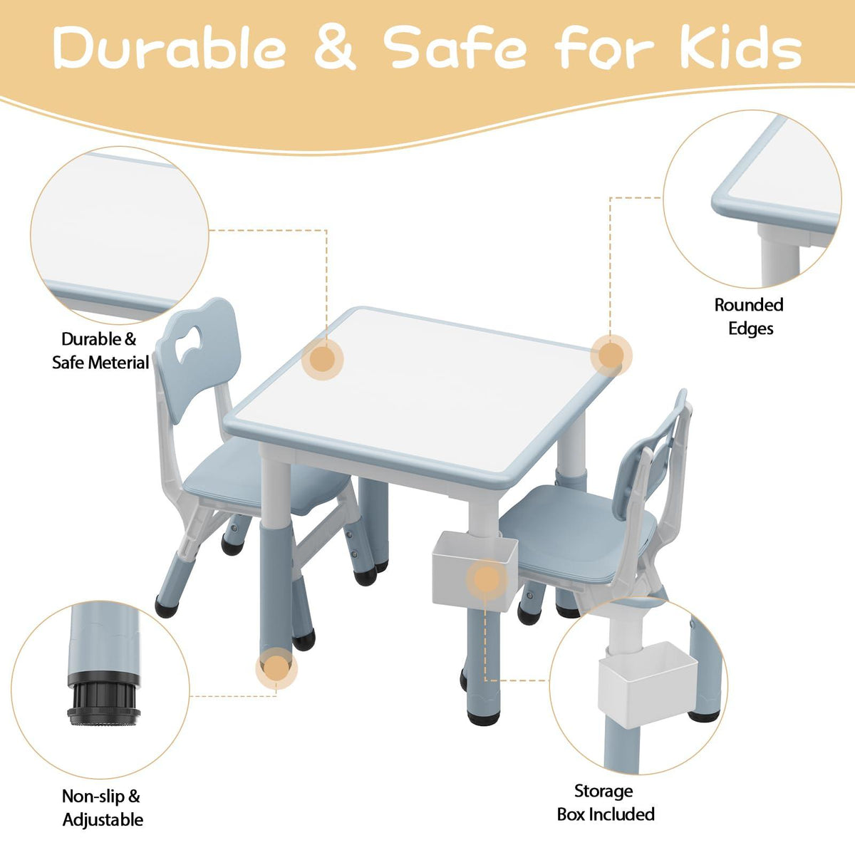 Garvee Kindertisch-Set, 1 Tisch + 4 Stühle, höhenverstellbar, mit Rückenlehne, pflegeleicht, Grau