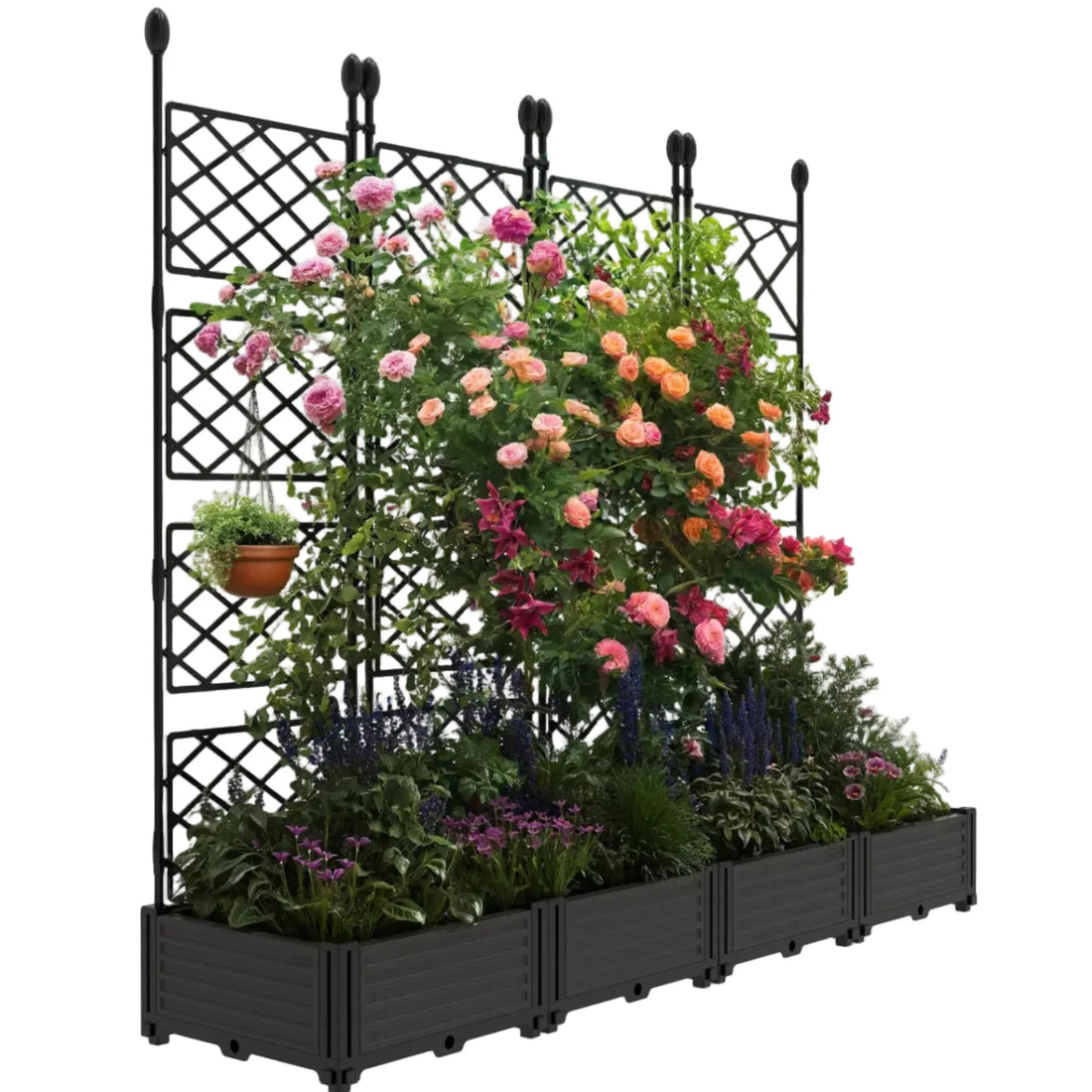 Garvee Hochbeet 4-Teilig Mit Rankgitter, Kunststoff, Windfest, Für Balkon & Garten, 168×160 cm, Schwarz