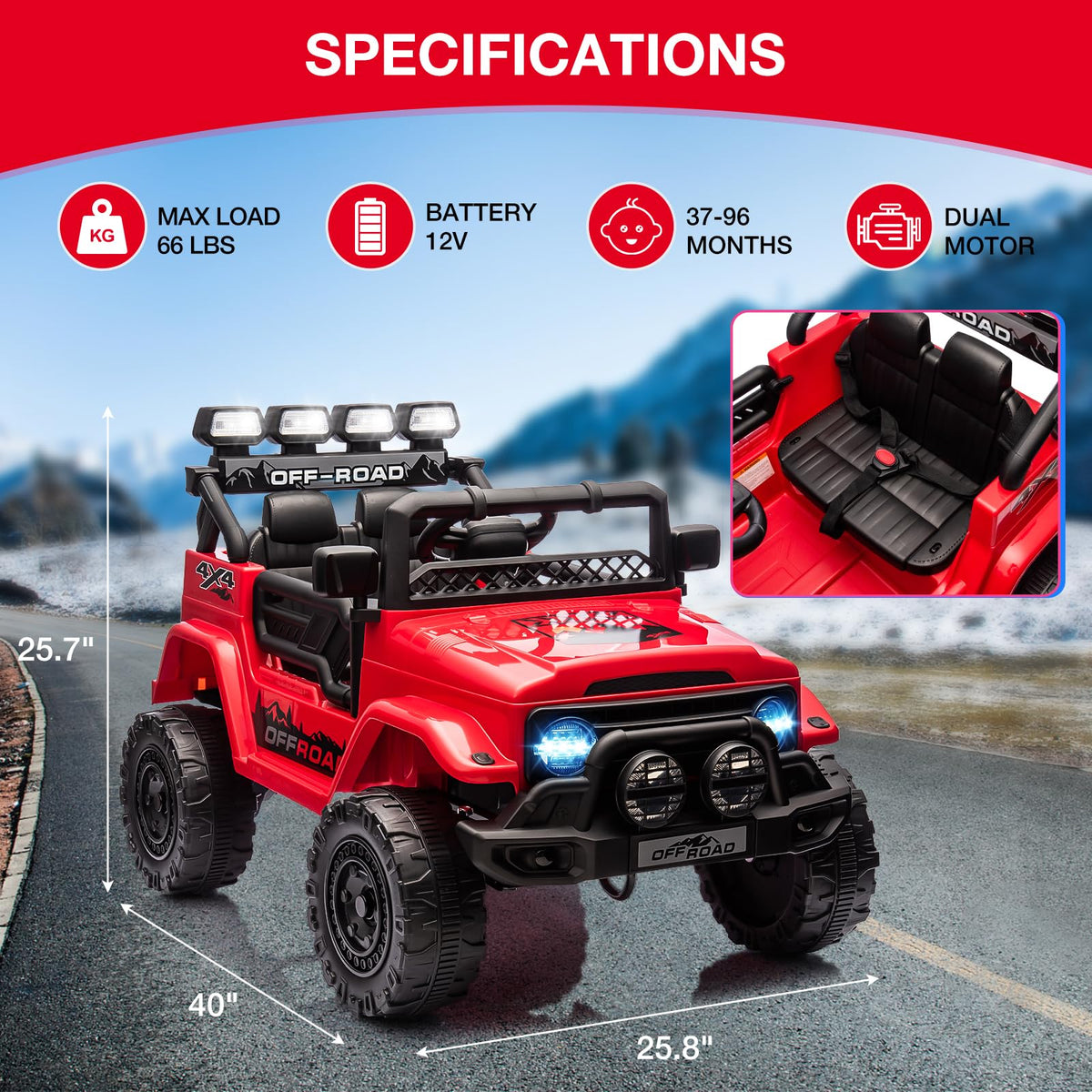 Garvee Rot Kinder Elektroauto Geländewagen 12V mit Fernbedienung, 2-Sitzer, 5 km/h, Musik & LED-Lichter, 3-5 Jahre