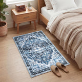 Garvee Vintage-geometrischer Kurzflor-Teppich mit Medaillon-Muster, maschinenwaschbar & rutschfest, 3D-Hoch-Tief-Struktur – blau, 80x150 cm - Blue